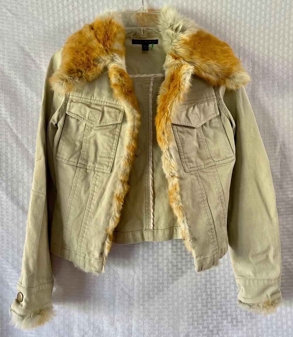Sheri Bodell Rabbit Fur Trimmed Designer Denim Jean Jacket Size Small